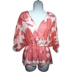 Ali & Kris Pink/Coral Water Color Type Print Blouse Top with Dolman Sleeves